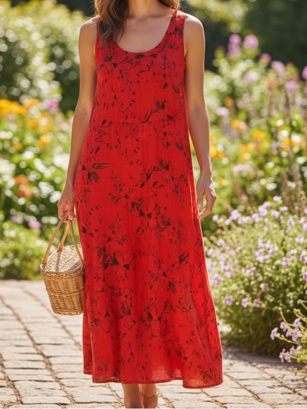 [S]C.M.C Red Floral Sleeveless Linen Midi Dress